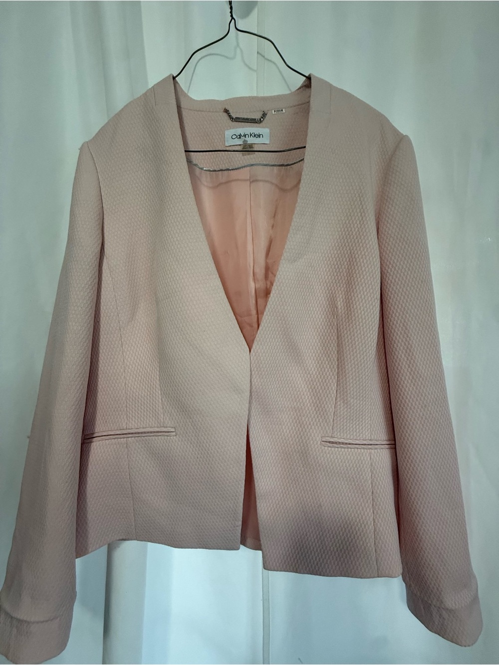 Calvin Klein Blush Pink Collarless Textured Open-Front Blazer